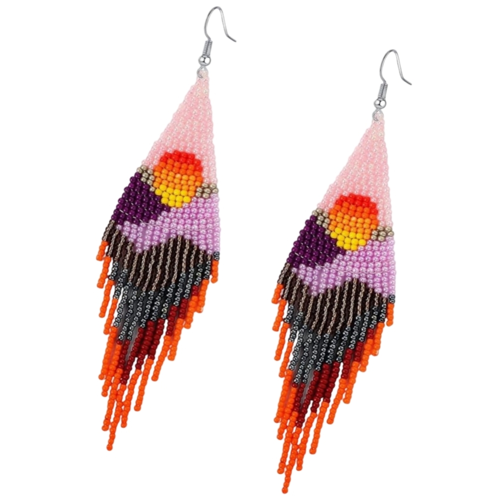Long Abstract Sunset Scenery Beaded Earrings Pink Purple Orange Black Seed Beads